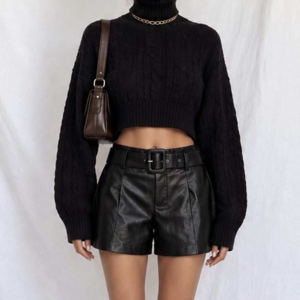 Zara Black Paperbag Style High Waisted Belted Faux Leather Shorts Size XS/S